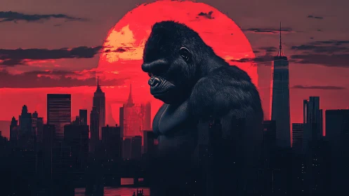 Colossal gorilla silhouette dominates neon red urban sunset
