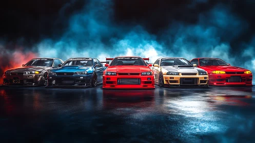 Iconic tuned sports cars stand united in cinematic neon haze