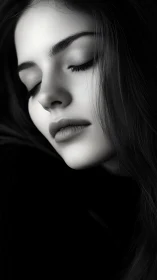 Monochrome close-up portrait of a young woman&rsquo;s face.