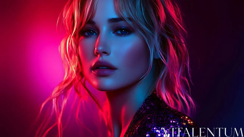 Neon rim‑lit female portrait in vibrant magenta cyan bokeh glow