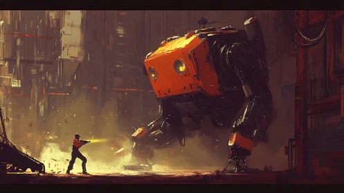 Industrial mech and human in dust-filled factory standoff.
