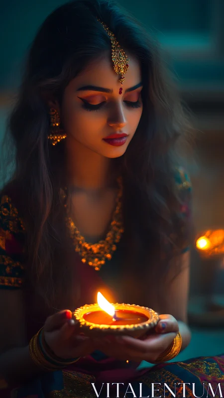 Young woman in festive attire cradles a glowing diya flame.