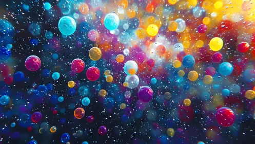 Multicolored liquid spheres suspended in cosmic bokeh field
