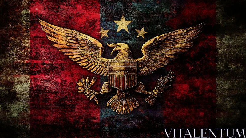 Golden heraldic eagle overlays weathered tricolor flag.