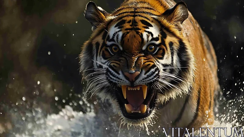 Roaring tiger charges through water in dramatic backlight.