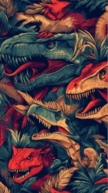 Predatory dinosaur heads intertwine through dense jungle foliage