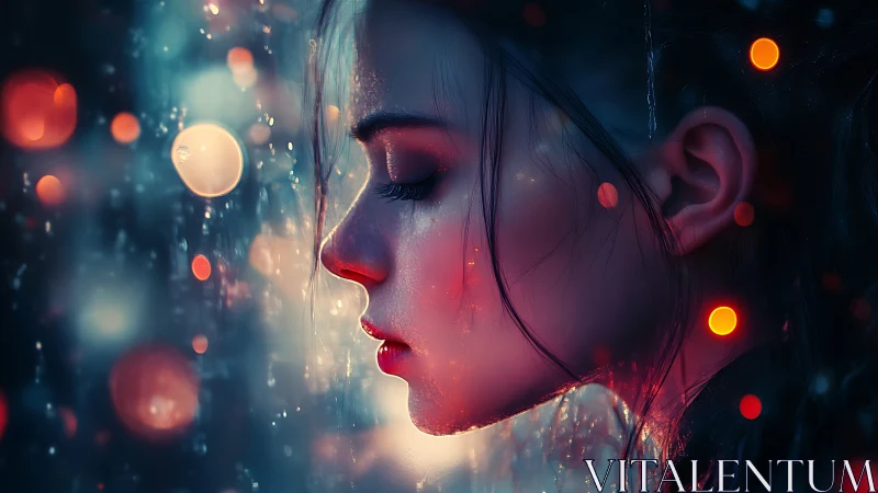 Soft city rain cradles a quiet girl in glowing night light