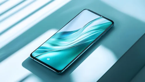 Sleek modern smartphone with teal screen on minimalist surface.