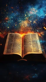 Ancient illuminated book glows beneath a cosmic night sky.