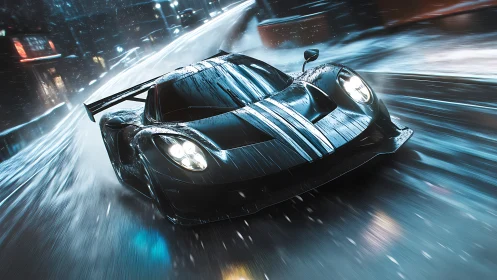 Midnight supercar slicing through neon-lit winter rain.