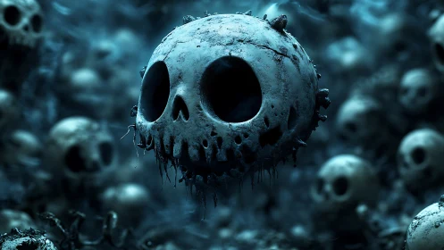 Spherical skull forms suspended in dense blue environment.