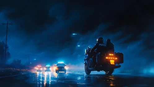 Police convoy races down wet highway through stormy night