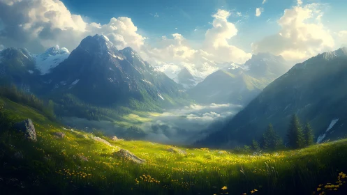 Mountain valley shows bright meadow under dramatic clouds