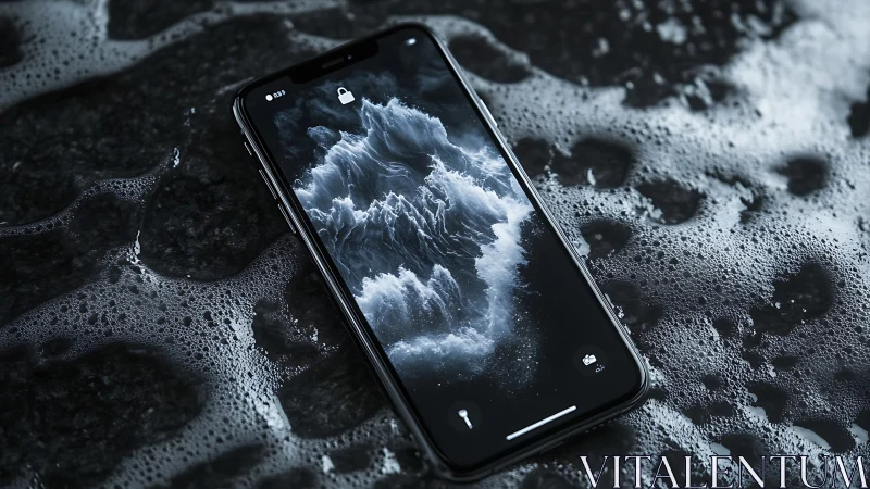Smartphone displaying turbulent cloud formations on rocky surface.