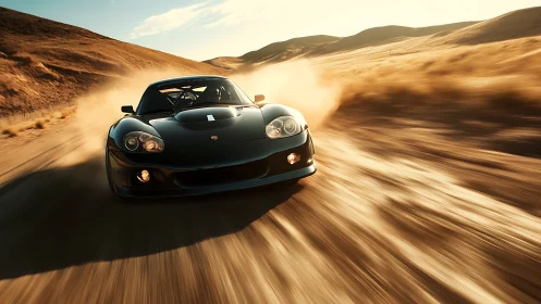 Black sports coupe driving fast on dusty desert road.