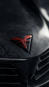 Sleek red triangle car badge rests on sculpted carbon fiber
