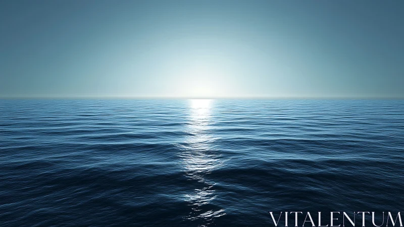 Calm ocean surface under low sun on clear horizon line.