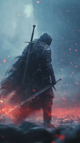 Hooded warrior stands over burning embers in frozen wasteland