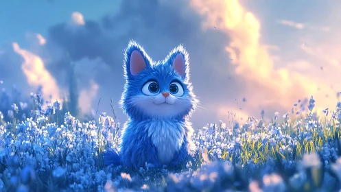 Luminous Blue Cat in Frost-Covered Wildflower Meadow.