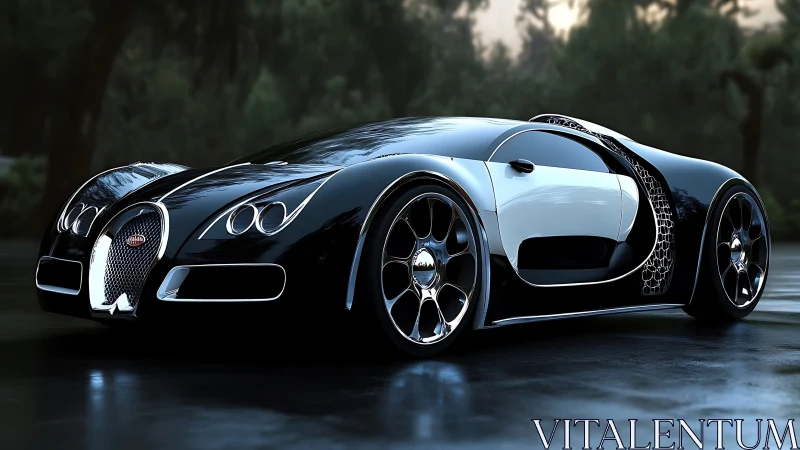 Photorealistic hypercar render, wet asphalt, bicolor bodywork