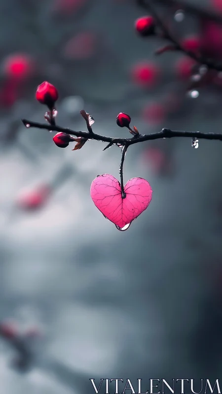 Pink Heart-Shaped Leaf on Dark Branch with Selective Focus Depth