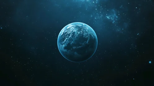 Lone blue Earth glows softly amid the silent cosmic void