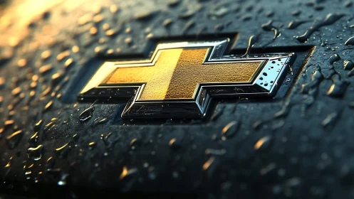 Golden car emblem gleams through rain-soaked twilight gloss.