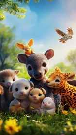 Cuddly stylized baby animals group in sunny meadow portrait