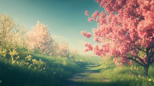 Soft spring pathway unfolds beneath blooming cherry trees