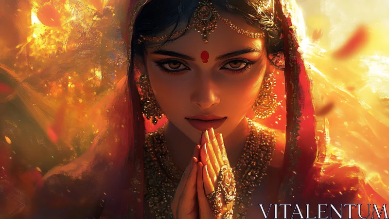 Golden dusk prayer with a jeweled gaze of quiet power.