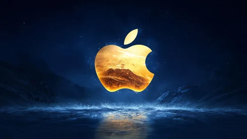 Golden apple logo glowing over a dreamy starry seascape.