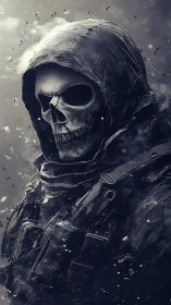 Hooded skeletal soldier in tactical gear amid falling debris.