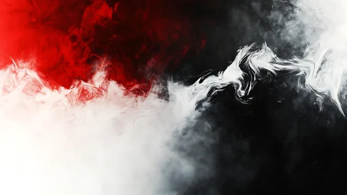 Abstract swirling smoke art in red, black, and white color palette.