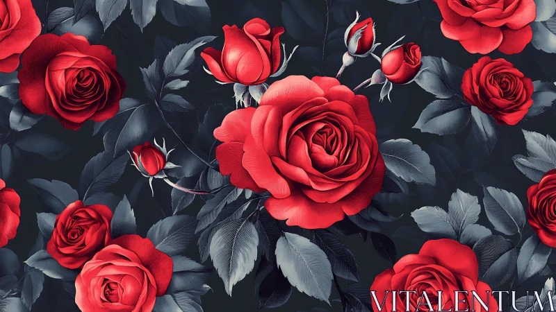 Red Roses on Dark Background with Gray Foliage.