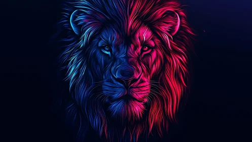 Bicolored neon lion portrait uses symmetrical vector linework