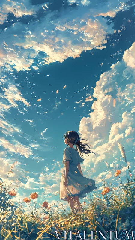 Gentle summer sky welcomes a daydreaming girl in wildflowers