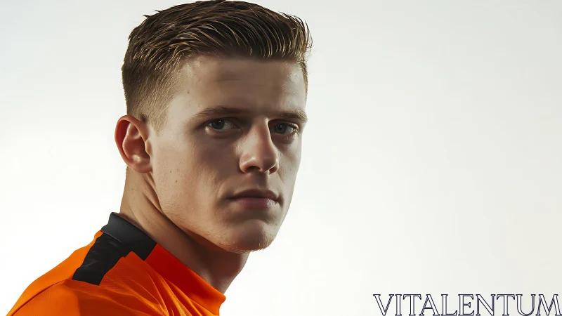 Studio portrait of male athlete in orange jersey profile.