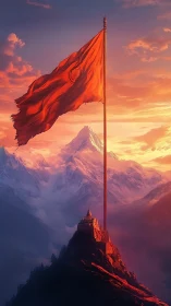 Red flag on tall pole above mountain fortress at sunset