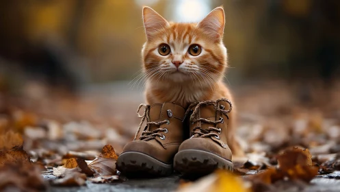 Orange Tabby Cat Wearing Hiking Boots on Autumn Ground.
