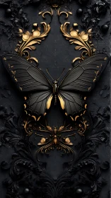 Black butterfly with gold baroque ornament on dark panel.