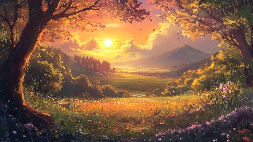 Radiant valley sunset framed by glowing woodland edges.