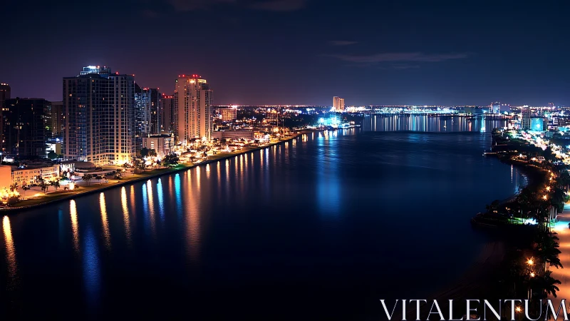 Gentle city shoreline glowing over calm midnight water.