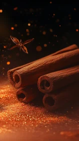 Macro close-up of cinnamon sticks with star anise and warm bokeh