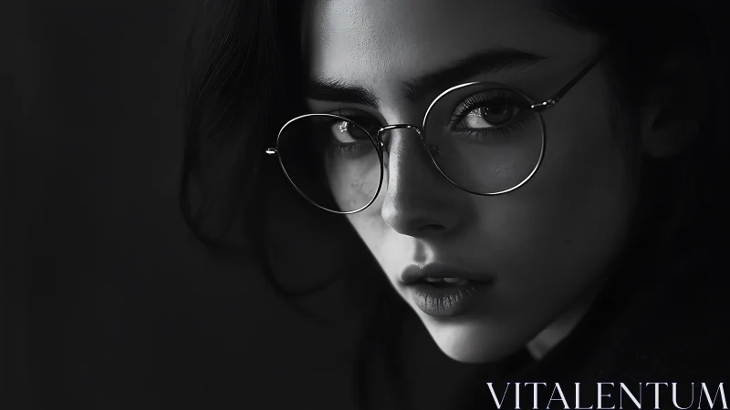 Monochrome close portrait isolates reflective eyeglasses and gaze