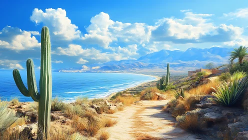 Coastal desert trail with cacti, turquoise bay and mountains.