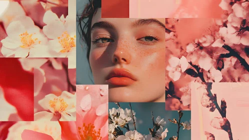Collaged female portrait merges with macro florals in warm hues