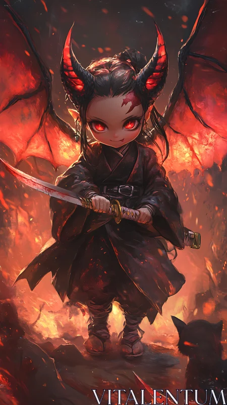 Demonic child swordsman stands in a fiery, winged environment
