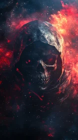Hooded skeletal wraith emerging through incandescent nebular fire.