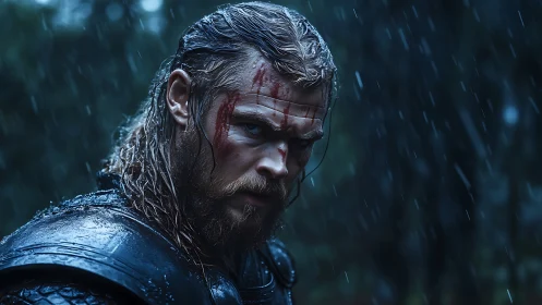 Weathered warrior stands steady beneath the falling rain.