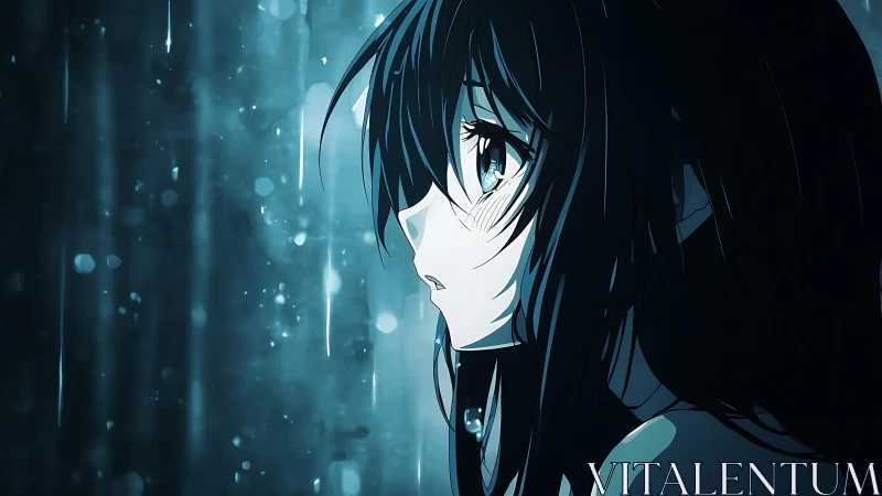 Rainlit gaze drifts through neon blue memories at midnight